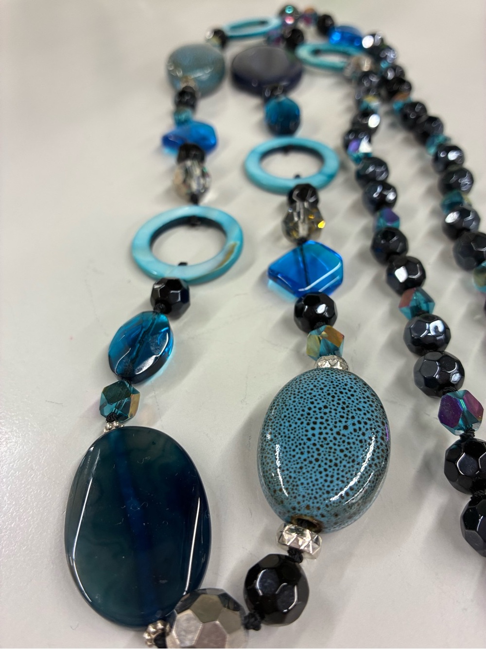 Artisan Sapphire Blue Glass Pottery Multi-Bead Statement Necklace - Picture 7 of 11